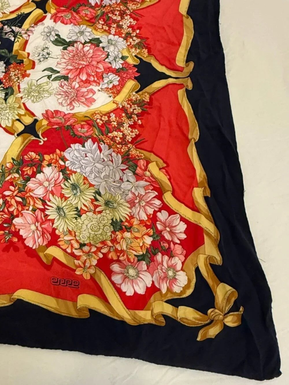 VINTAGE ERRE RED GOLD RIBBON MOTIF FLORAL HAND ROLLED SQUARE SILK SCARF ITALY